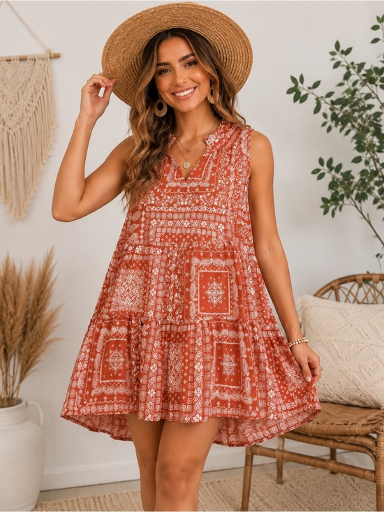 True Craft Dresses & Skirts - True Craft XL Coral Bandana Print Tiered Tunic Dress Boho Festival Rayon